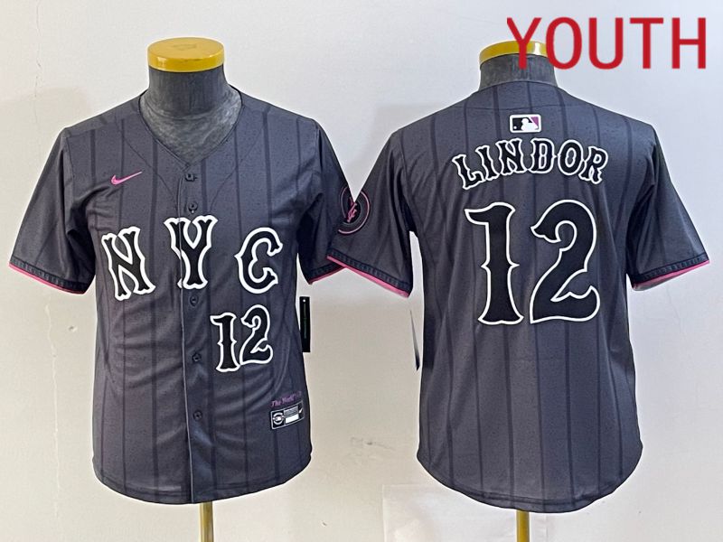 Youth New York Mets 12 Lindor Black City Edition 2024 Nike MLB Jersey style 1